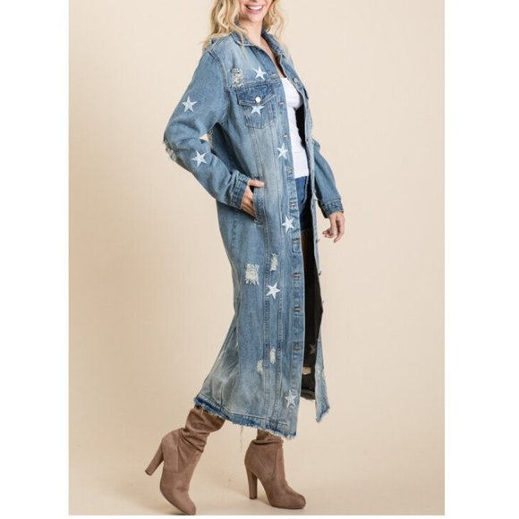 SOLD OUT Plus Star Distressed Long Denim Jean Jacket Coat - Picture 4 of 9